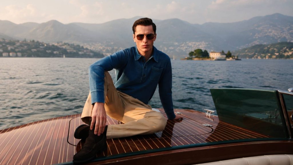Man wearing a blue long-sleeved polo shirt and beige trousers on a boat by a lake