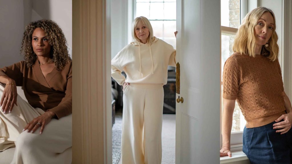Three women wearing neutral-toned Chalk clothing from the new season collection