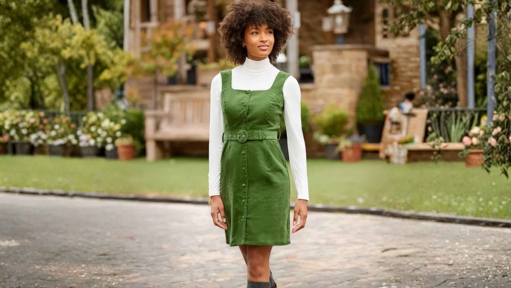 Model wearing a green Joe Browns dress layered over a white roll neck top in an outdoor autumn setting