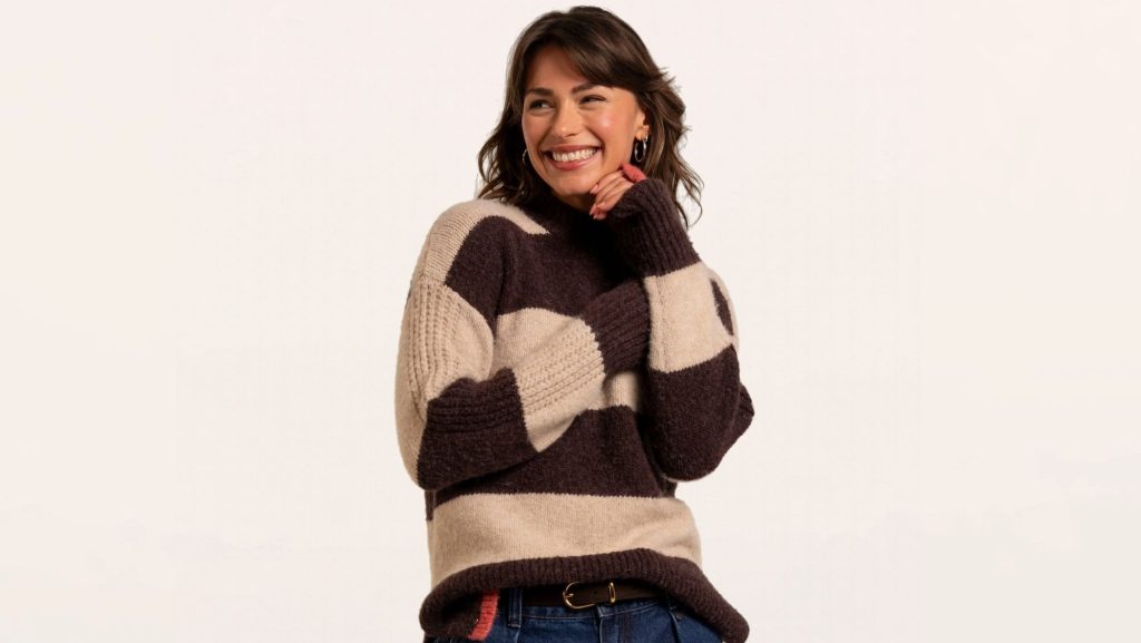 Model wearing a striped Brakeburn knit from the new season ladieswear collection